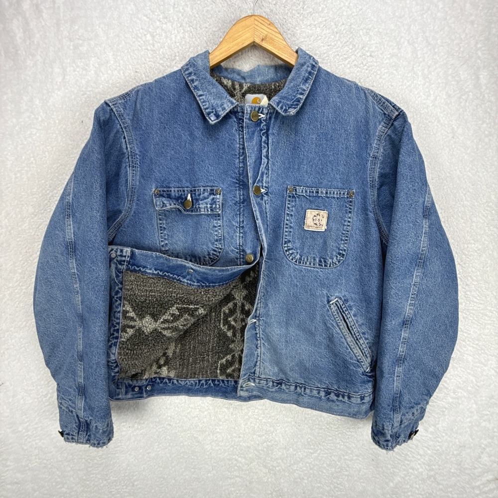 Carhartt Trucker Chore Jacket Aztec Pile Lined Mens Large JP1088 Darkstone‎ Blue